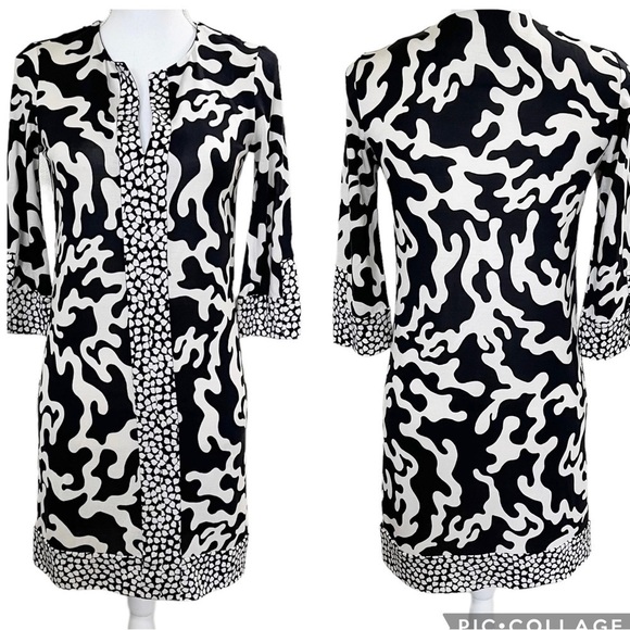 Diane von Furstenberg DVF Silk V Neck 3/4 Sleeve Shift Dress Black White Size 0 - Picture 1 of 8